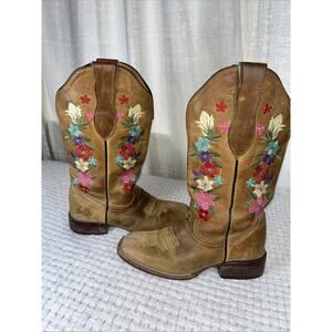 Jar Boots Square Toe Western Boots Brown Leather 6.5 Flowers